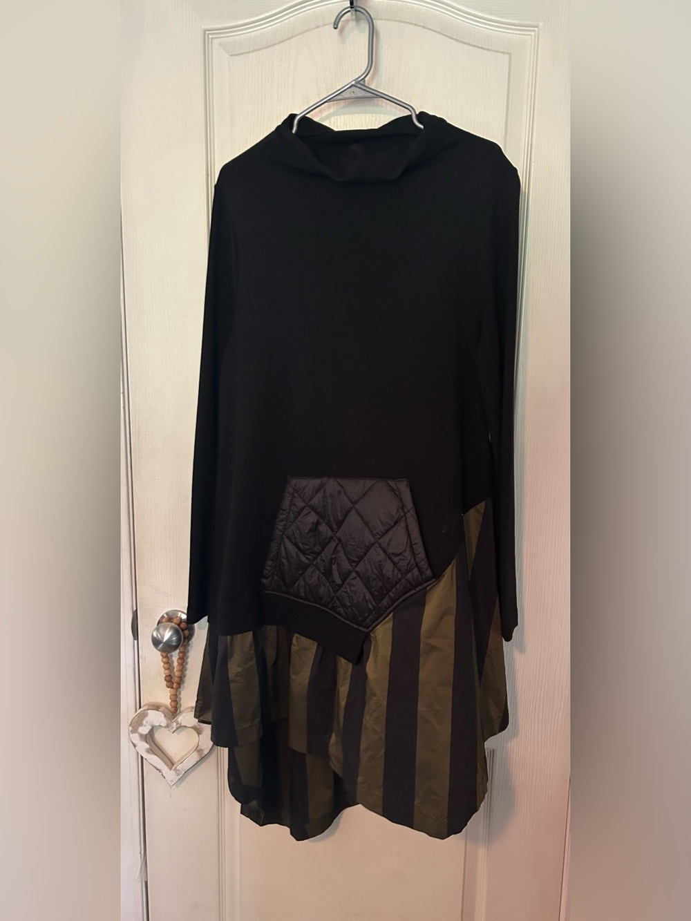 Alembika Black Tunic with Quilted Pocket and Olive Stripe Hem